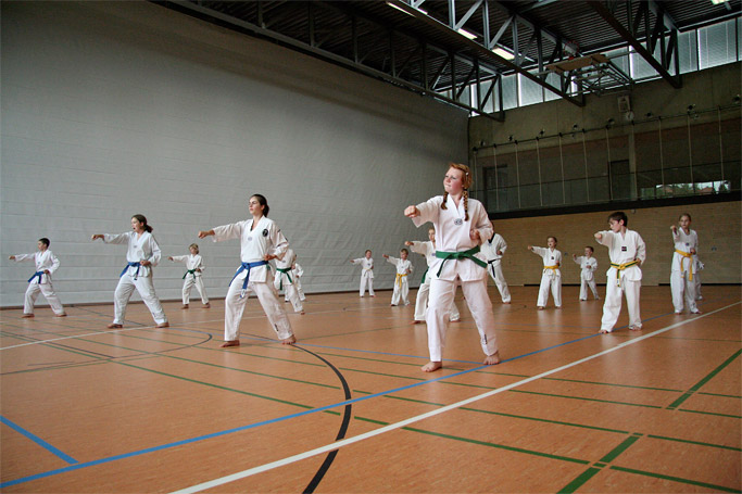 Kinder-Taekwondo-Training im Dojang mit Gruppen-Formenlauf